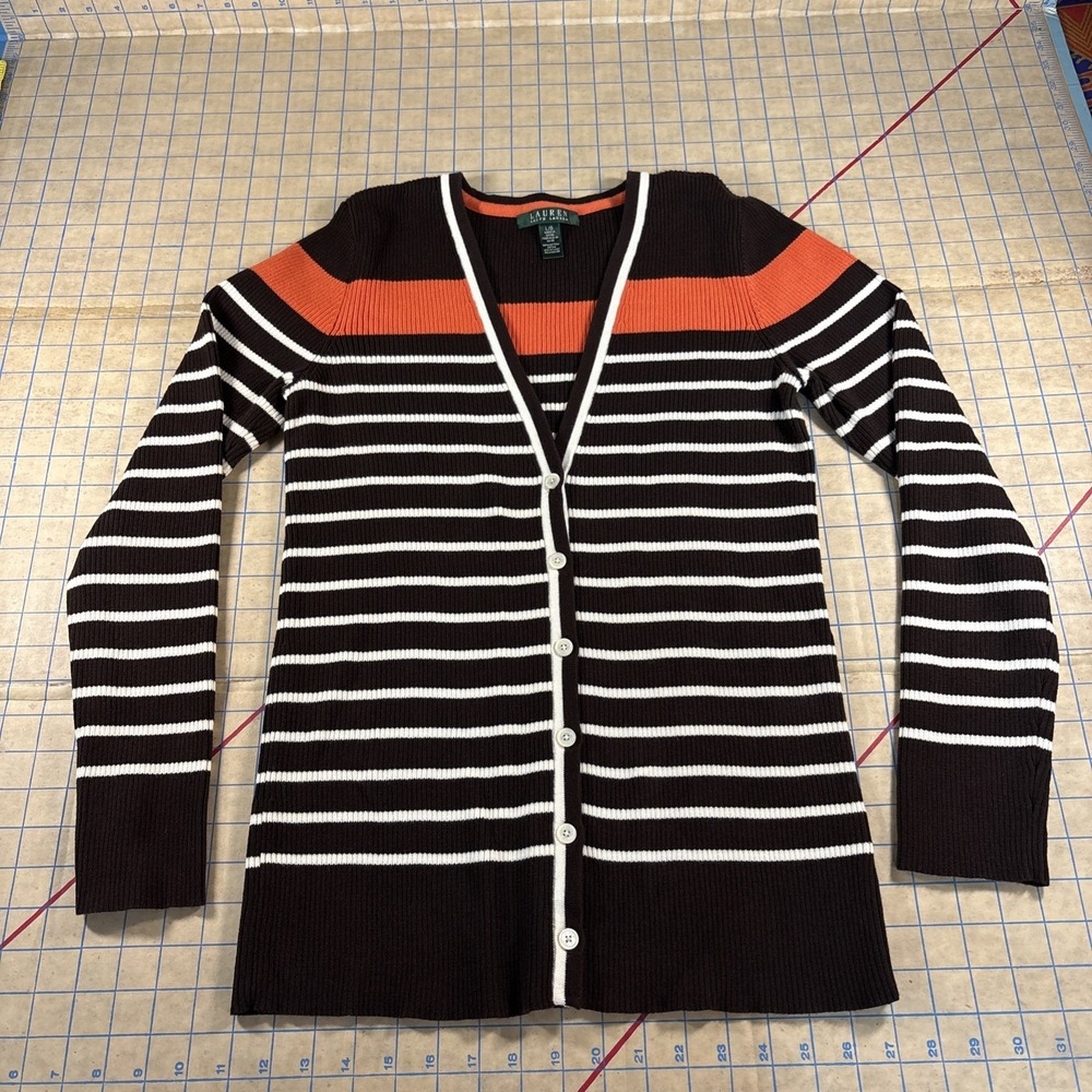 Lauren Ralph Lauren Chocolate Brown Striped V Neck Knit Cardigan Sweater Wmns L‎